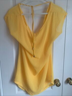 La Vie En Rose Bright Yellow Mesh V-Neck Swim Coverup with Tie